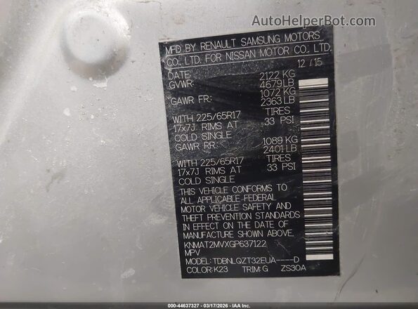 KNMAT2MVXGP637122 2016 NISSAN ROGUE Silver Շարժիչի բաժամունքի տեսք