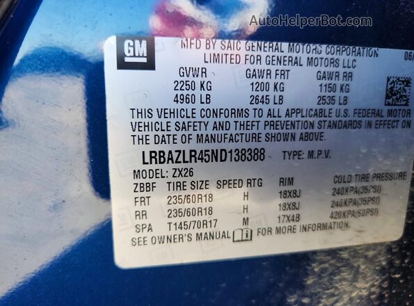 LRBAZLR45ND138388 2022 BUICK ENVISION Blue Vista de la etiqueta del VIN