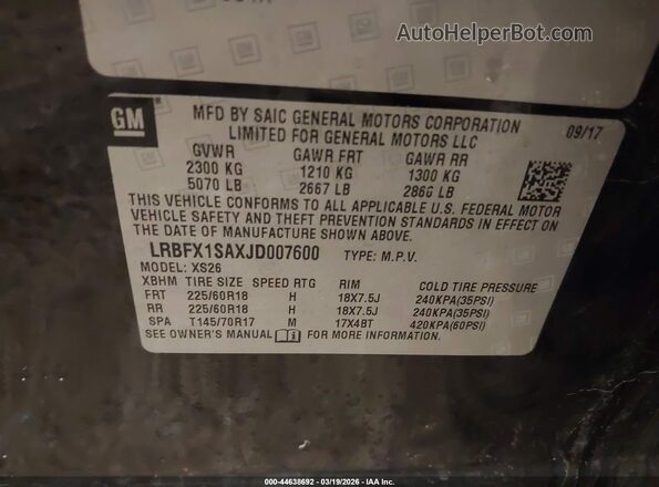 LRBFX1SAXJD007600 2018 BUICK ENVISION Black ძრავის განყოფილების ხედი
