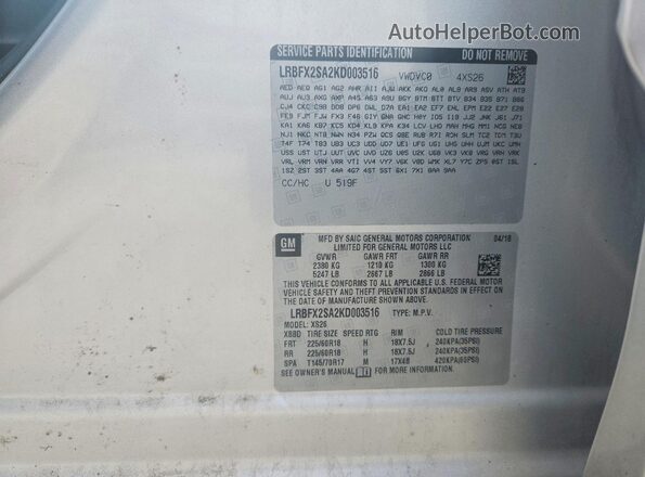 LRBFX2SA2KD003516 2019 BUICK ENVISION Silver Vista de la etiqueta del VIN