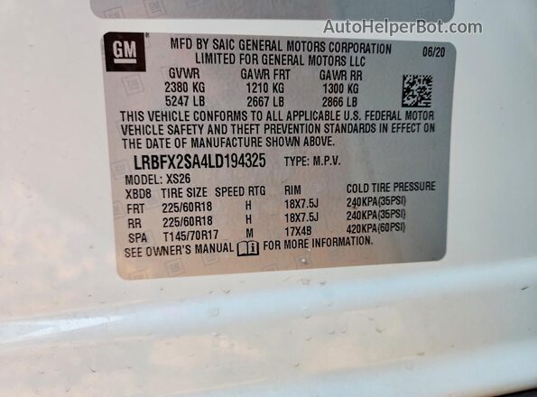 LRBFX2SA4LD194325 2020 BUICK ENVISION White Widok naklejki z numerem VIN