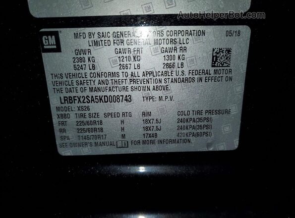 LRBFX2SA5KD008743 2019 BUICK ENVISION Black Vista de la etiqueta del VIN