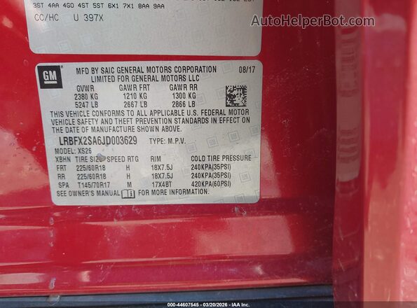 LRBFX2SA6JD003629 2018 BUICK ENVISION Red Vista del compartimento del motor