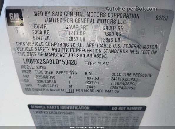 LRBFX2SA9LD150420 2020 BUICK ENVISION White ძრავის განყოფილების ხედი