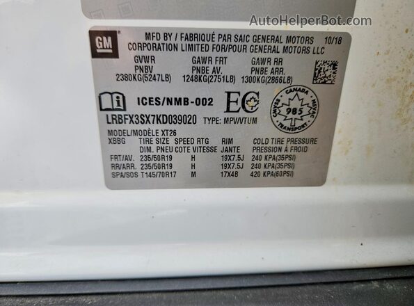 LRBFX3SX7KD039020 2019 BUICK ENVISION Белый Вид наклейки с VIN-кодом