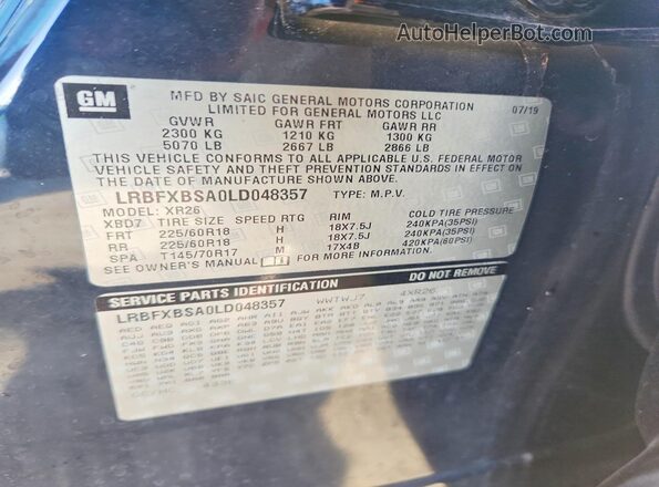 LRBFXBSA0LD048357 2020 BUICK ENVISION Black Vista de la etiqueta del VIN