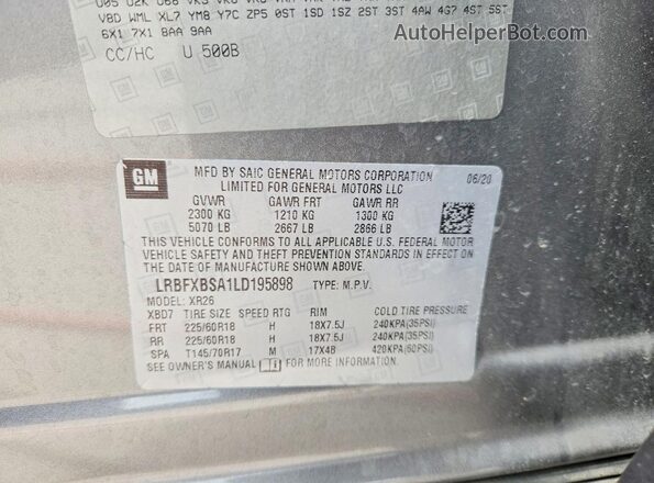 LRBFXBSA1LD195898 2020 BUICK ENVISION Gray Widok wnętrza 360 stopni