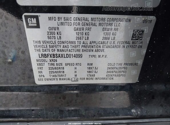 LRBFXBSAXLD014099 2020 BUICK ENVISION Black ძრავის განყოფილების ხედი