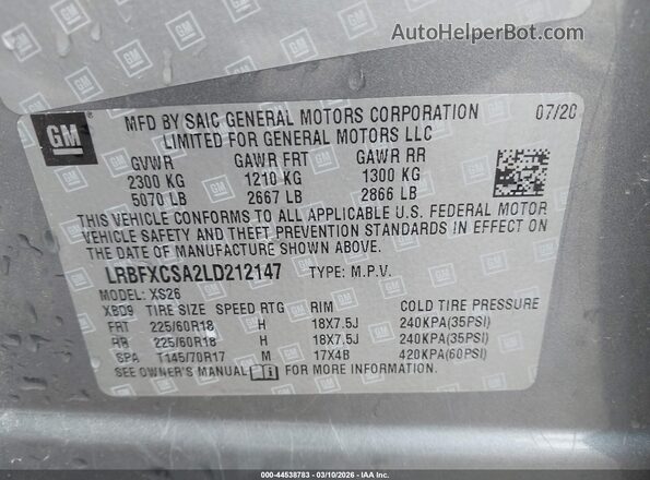 LRBFXCSA2LD212147 2020 BUICK ENVISION Gray Vista del compartimento del motor