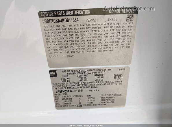 LRBFXCSA4KD011364 2019 BUICK ENVISION Белый Вид подкапотного пространства