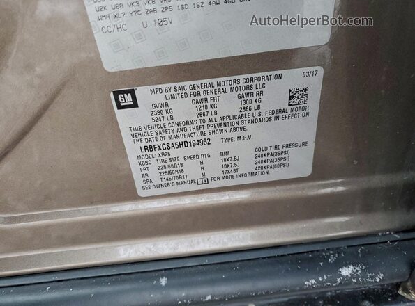 LRBFXCSA5HD194962 2017 BUICK ENVISION Коричневый Вид наклейки с VIN-кодом