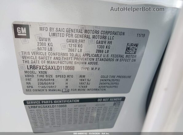 LRBFXCSAXLD110868 2020 BUICK ENVISION White ძრავის განყოფილების ხედი