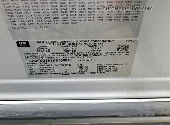 LRBFXDSA3HD196618 2017 BUICK ENVISION Серебряный Вид наклейки с VIN-кодом