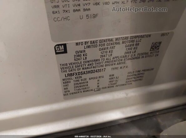 LRBFXDSA3HD243517 2017 BUICK ENVISION Silver Vista del compartimento del motor