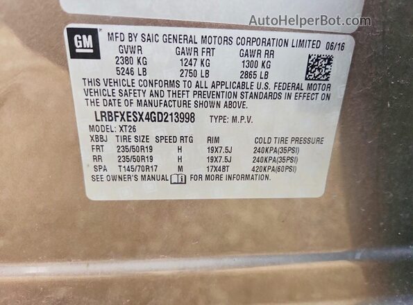 LRBFXESX4GD213998 2016 BUICK ENVISION Коричневый Вид наклейки с VIN-кодом