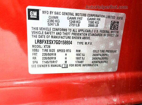 LRBFXESX7GD158804 2016 BUICK ENVISION Burgundy Widok komory silnika