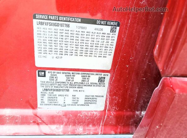 LRBFXFSX8GD187766 2016 BUICK ENVISION Red VIN կոդի պիտակի տեսք