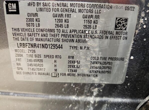 LRBFZNR41ND129544 2022 BUICK ENVISION Серый Вид наклейки с VIN-кодом