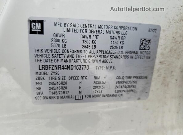 LRBFZNR44ND163770 2022 BUICK ENVISION Белый Вид наклейки с VIN-кодом