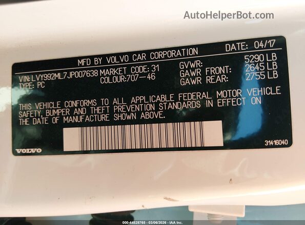 LVY992ML7JP007638 2018 VOLVO S90 White Вид підкапотного простору
