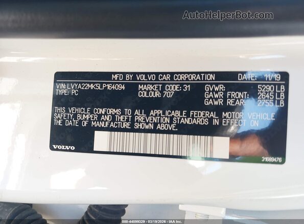 LVYA22MK5LP164094 2020 VOLVO S90 White Շարժիչի բաժամունքի տեսք