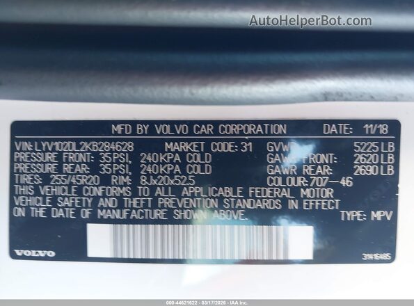 LYV102DL2KB284628 2019 VOLVO XC60 Белый Вид подкапотного пространства