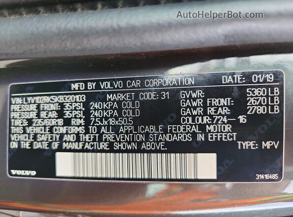 LYV102RK5KB320103 2019 VOLVO XC60 Charcoal Widok naklejki z numerem VIN