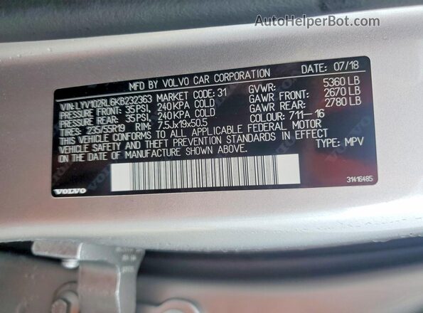 LYV102RL6KB232363 2019 VOLVO XC60 Серебряный Вид наклейки с VIN-кодом