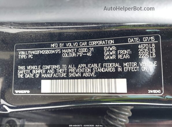 LYV402FM2GB094175 2016 VOLVO S60 INSCRIPTION Black Vista del compartimento del motor
