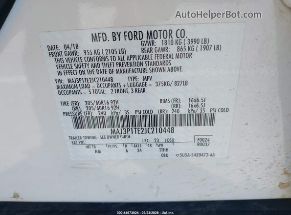 MAJ3P1TE2JC210448 2018 FORD ECOSPORT White Vista del compartimento del motor