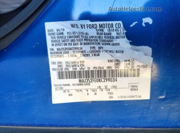 MAJ3S2FE0KC299034 2019 FORD ECOSPORT Blue Вид підкапотного простору