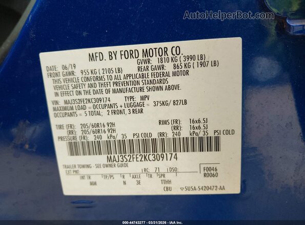 MAJ3S2FE2KC309174 2019 FORD ECOSPORT Blue ძრავის განყოფილების ხედი