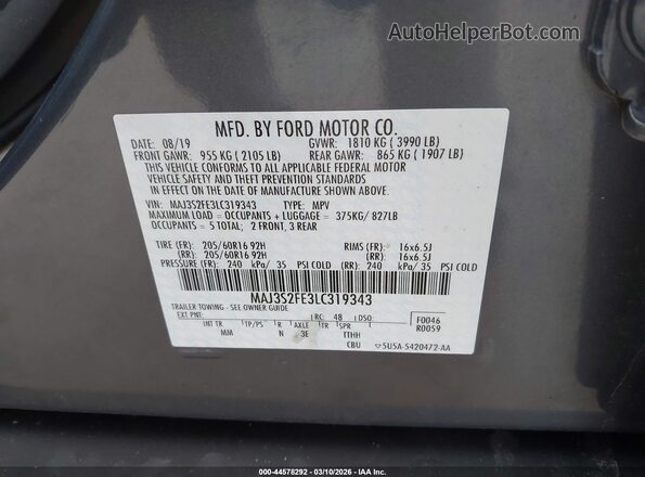 MAJ3S2FE3LC319343 2020 FORD ECOSPORT Gray Շարժիչի բաժամունքի տեսք