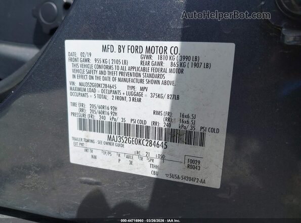 MAJ3S2GE0KC284645 2019 FORD ECOSPORT Gray Engine compartment view