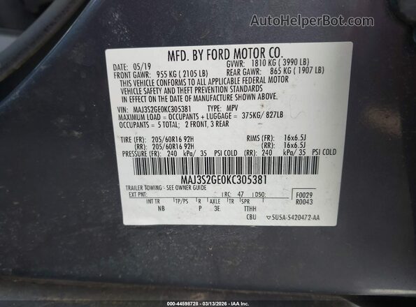 MAJ3S2GE0KC305381 2019 FORD ECOSPORT Серый Вид подкапотного пространства