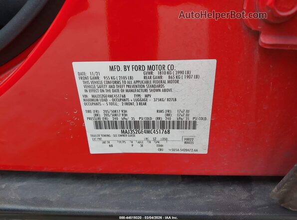 MAJ3S2GE4MC451768 2021 FORD ECOSPORT Красный Вид наклейки с VIN-кодом