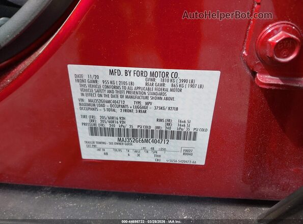 MAJ3S2GE6MC404712 2021 FORD ECOSPORT Red Engine compartment view