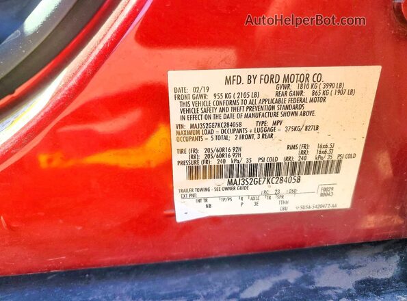MAJ3S2GE7KC284058 2019 FORD ECOSPORT Red Vista de la etiqueta del VIN