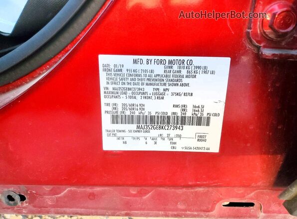 MAJ3S2GE8KC273943 2019 FORD ECOSPORT Красный Вид подкапотного пространства
