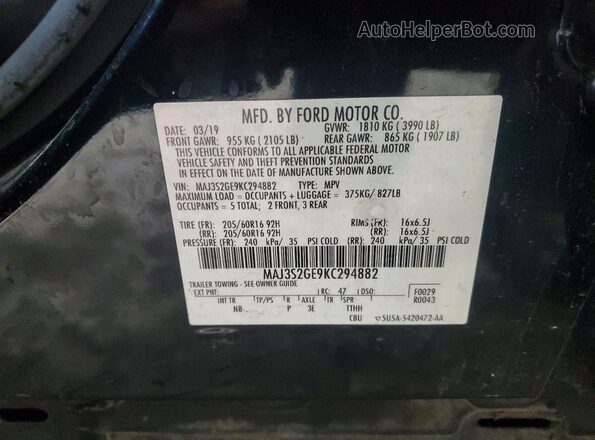 MAJ3S2GE9KC294882 2019 FORD ECOSPORT Black VIN sticker view