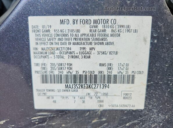 MAJ3S2KE3KC271394 2019 FORD ECOSPORT Gray Vista del compartimento del motor