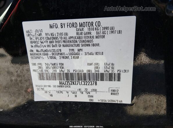 MAJ3S2KE7LC322378 2020 FORD ECOSPORT Black ძრავის განყოფილების ხედი
