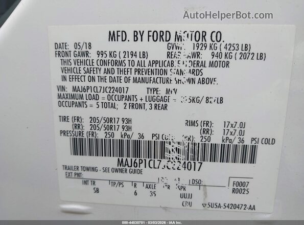 MAJ6P1CL7JC224017 2018 FORD ECOSPORT White ძრავის განყოფილების ხედი