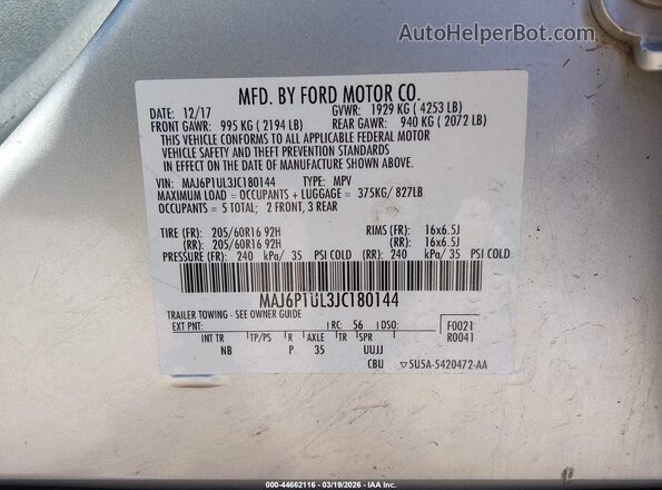 MAJ6P1UL3JC180144 2018 FORD ECOSPORT Gray Vista del compartimento del motor