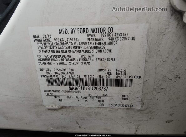 MAJ6P1UL8JC203787 2018 FORD ECOSPORT Белый Вид подкапотного пространства