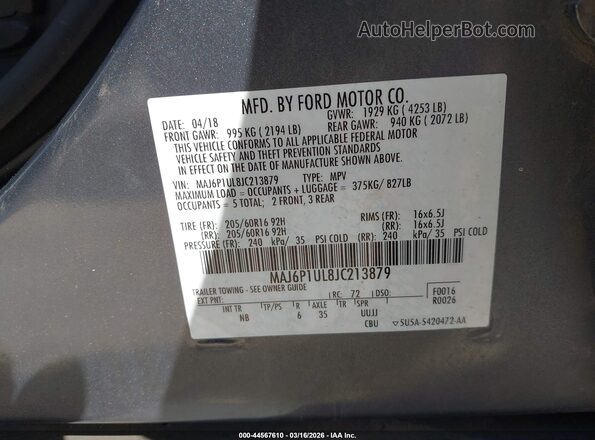 MAJ6P1UL8JC213879 2018 FORD ECOSPORT Серый Вид подкапотного пространства