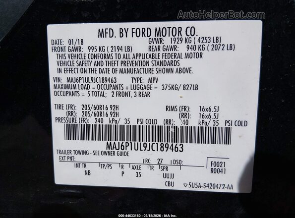 MAJ6P1UL9JC189463 2018 FORD ECOSPORT Black ძრავის განყოფილების ხედი