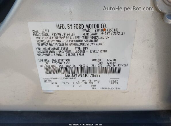 MAJ6P1WL6JC178689 2018 FORD ECOSPORT Silver Vista del compartimento del motor