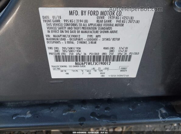 MAJ6P1WL7JC190012 2018 FORD ECOSPORT Серый Вид подкапотного пространства