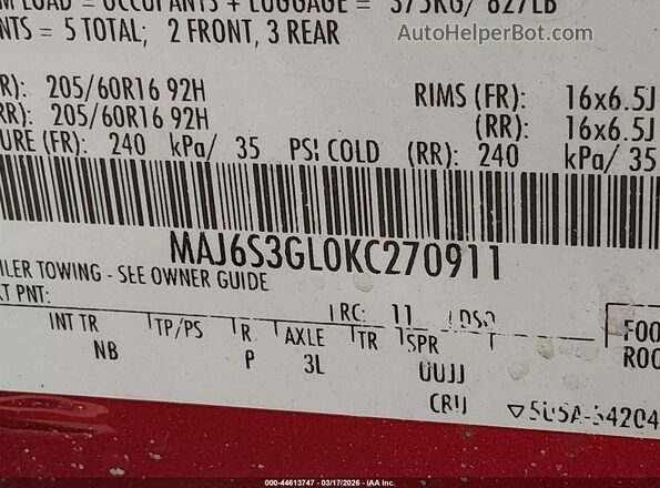 MAJ6S3GL0KC270911 2019 FORD ECOSPORT Red Engine compartment view